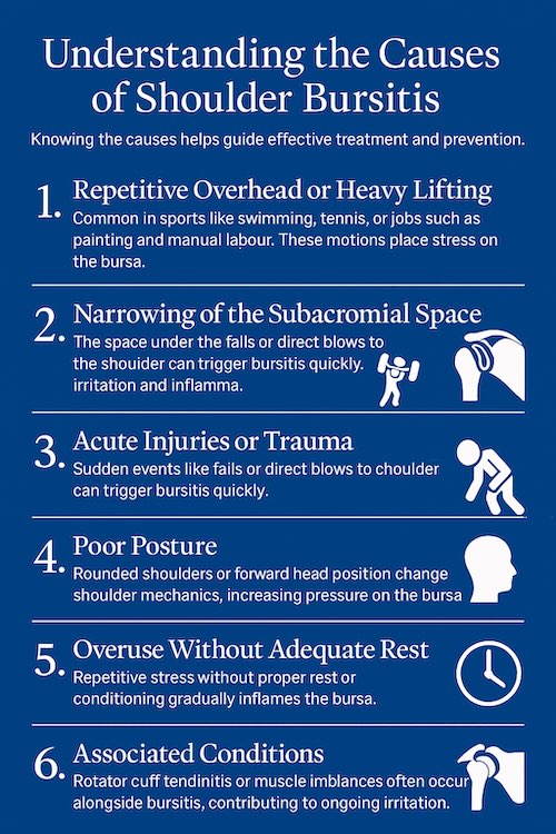 Infographic showing the causes of shoulder bursitis